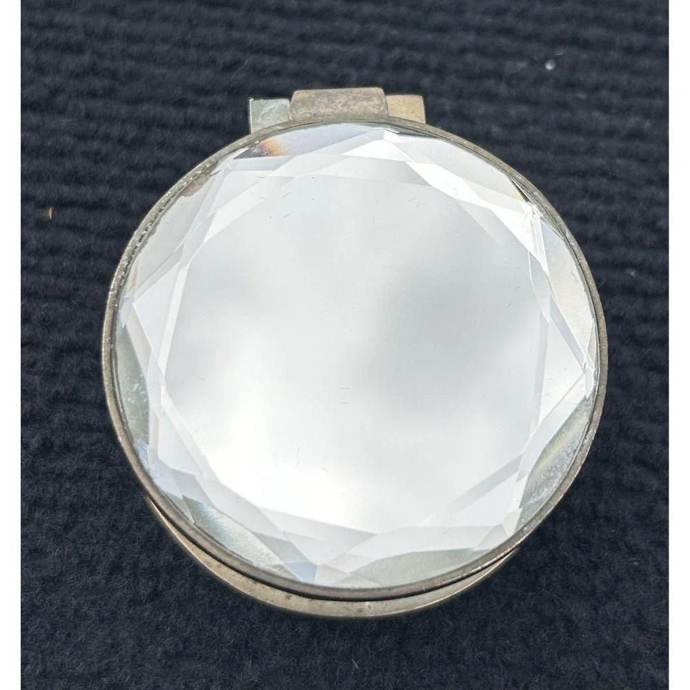 Vintage Brass Round Jewelry Ring Box Faceted Glass Lid Velvet Lined Trinket Box